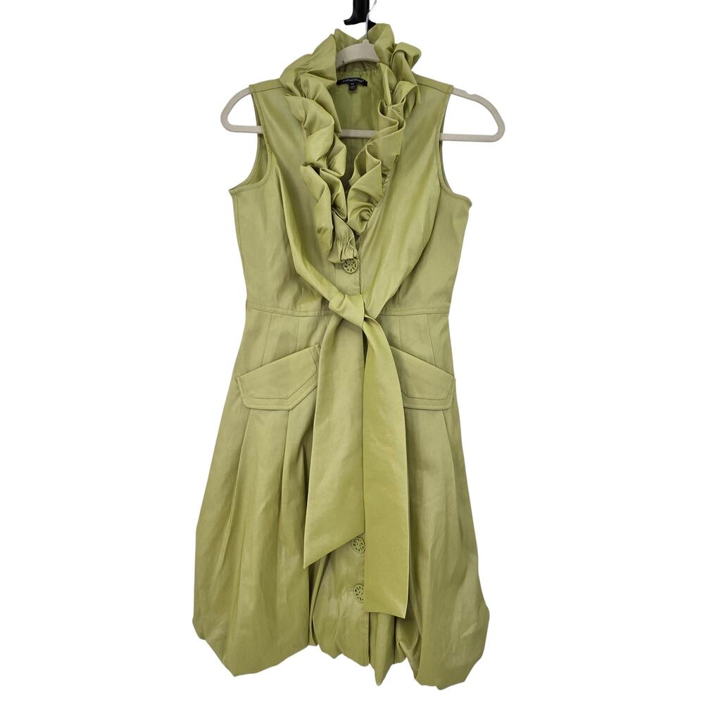 SAMUEL DONG Y2K DESIGNER BUTTON UP SLEEVELESS RUFFLE BUBBLE HEM WAIST TIE DRESS